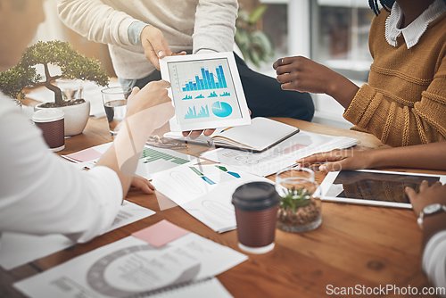 Image of This is what we have to work with. Shot of a group of businesspeople discussing statistics.