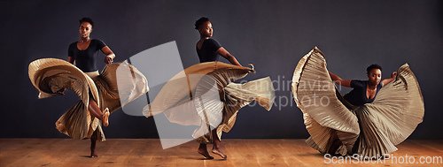 Image of Freedom in motion. Montage of a dancer with flowing performing dramatic poses.