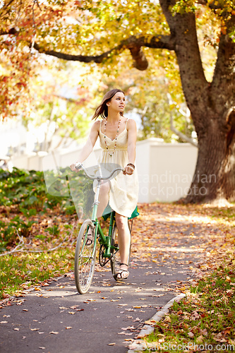 Image of Autumn beauty. Shot of an attractive young woman in the park on an autumn day.