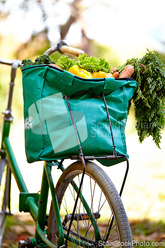 Image of Packed with goodness. Cropped shot of a bag of vegatables on a bike.