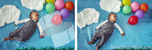 Image of Going on an aerial adventure. Composite concept shot of an adorable baby boy flying through the sky holding a bunch of balloons.