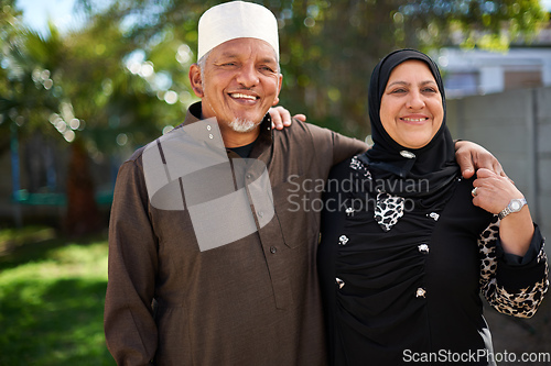 Image of Living life with love. Portrait of a smiling senior muslim couple outside.