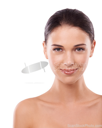 Image of Happy and it shows Shes radiantly beautiful. Cropped studio portrait of an attractive young brunette isolated on white.