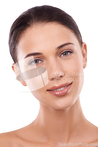 Image of Happy and it shows Shes radiantly beautiful. Cropped studio portrait of an attractive young brunette isolated on white.