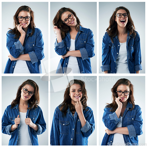 Image of No matter what, youre perfect in every single way. Composite shot of a young woman in various studio poses against a grey background.