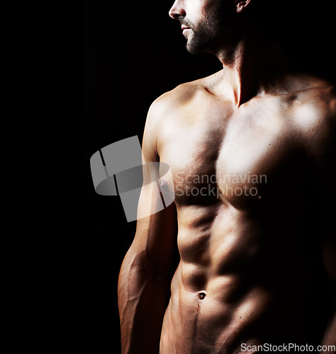 Image of Masculinity in portrait. Studio shot of a muscular shirtless man isolated on black.