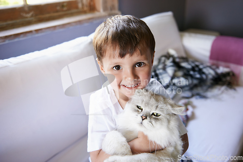 Image of Kitty love. A young boy sitting on a couch and holding his cat.
