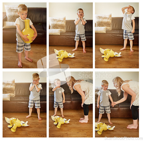 Image of It was an accident.... Composite shot of a mother scolding her little son for breaking a vase at home.