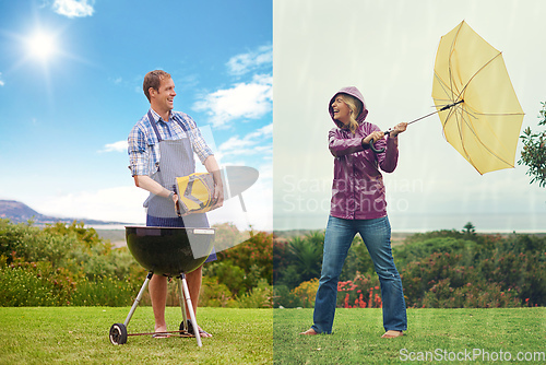 Image of The weather can change in an instant. Composite shot of a man barbequing on a sunny day while a a woman fights against the wind on a rainy day.