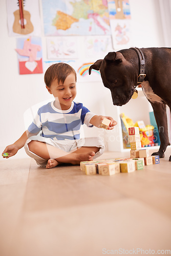 Image of They love playing together. A young boy playing with building blocks in his room while his dog watches.