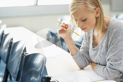 Image of Focused on her studies. A beautiful college student studying in a classroom.