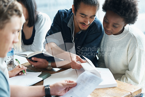 Image of Working together makes a better end result for every student. Shot of a study group going over work in their textbook.