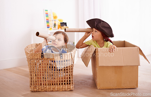 Image of Whats that over there. Shot of two little boys pretending to be pirates in their bedroom.