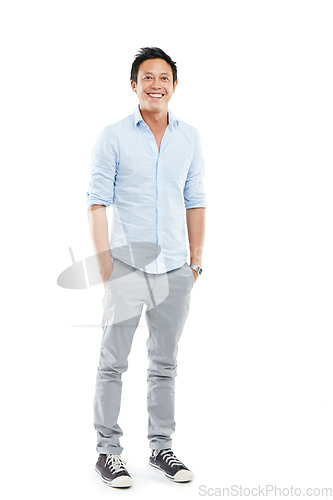 Image of Pulling off the casual look with ease. Studio portrait of a handsome young man posing confidently against a white background.