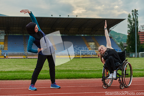 Image of Two strong and inspiring women, one a Muslim wearing a burka and the other in a wheelchair stretching and preparing their bodies for a marathon race on the track