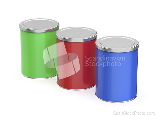 Image of Three metal canisters with different colors