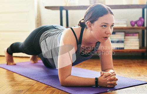 Image of Keeping the end goal in mind. Cropped shot of an attractive young woman doing yoga and holding a plank pose in her home.