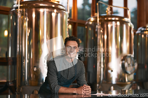 Image of He knows the business in and out. Portrait of a cheerful young businessman seated at a table inside of a beer brewery during the day.