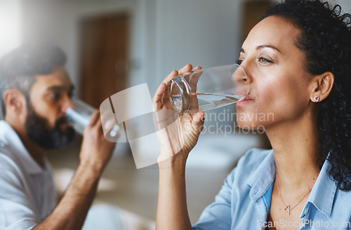 Image of Cool, clean and refreshing. Shot of a couple drinking glasses of water together at home.
