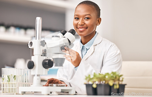 Image of Science portrait, woman and plants, microscope or laboratory research for agriculture, sustainability and leaves test. Scientist, African student or happy doctor, lens and eco study or food security