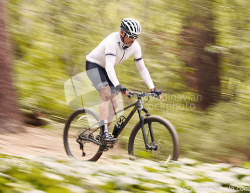 Image of Nature, bicycle or fast sports man travel, ride and journey on off road adventure, outdoor challenge or bike exercise. Cycling action, speed blur or athlete training, fitness and competition in woods