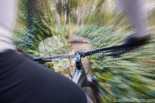 Image of Nature, mountain bike sports and hands of person travel, ride and fast journey on off road path, cycling challenge or exercise. Bicycle handle bar, motion blur and athlete speed, training and action