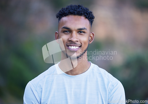 Image of Fitness, exercise and portrait a happy man outdoor on a break or rest after run, workout or training. Face of indian athlete person or runner in nature for sports, cardio or health and wellness
