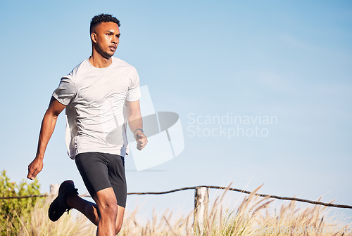 Image of Man, running and training on road in mountain, nature or outdoor exercise and athlete in healthy workout or fitness. Male, runner and morning cardio, sports in summer or mockup of goals or motivation