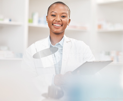 Image of Checklist, smile and portrait of a woman pharmacist working in chemist for medication dispensary. Happy, clipboard and African female pharmaceutical worker in medicine pharmacy for healthcare career.