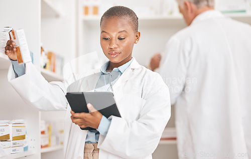 Image of Inventory, pharmacy and black woman with a tablet, connection and research on medication or pill box for treatment. Healthcare, pharmaceutical and African person with technology or check prescription