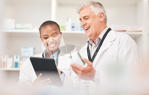 Image of Tablet, medicine and health team in a pharmacy for research on a product, online order or prescription. Smile, technology or healthcare with a medical professional and colleague in a drugstore
