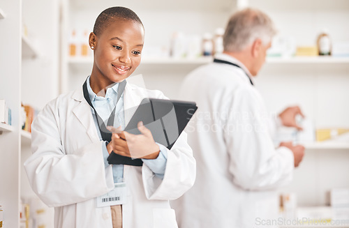 Image of Smile, pharmacy and black woman with a tablet, connection and research on medication, prescription or treatment. Healthcare, pharmaceutical and African person with technology, medical stock and app