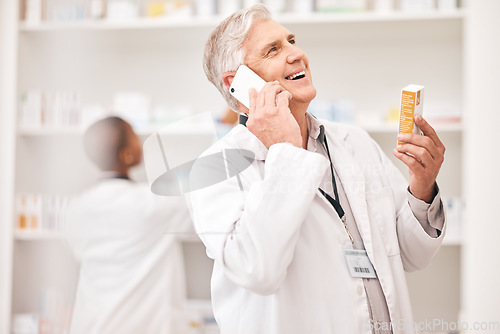 Image of Pharmacy, phone call and man with medicine box while laughing for funny conversation. Senior person or pharmacist talking on smartphone for telehealth, consultation or customer service for product