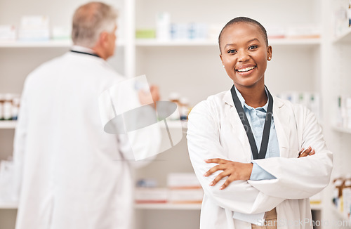 Image of Smile, portrait and black woman or pharmacist with arms crossed for healthcare and service. Happy, expert and African doctor or medical employee with confidence in nursing and pharmaceutical career