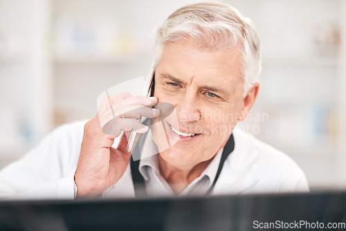 Image of Pharmacist man, phone call and computer for medicine check on database in pharmacy. Face of senior person talking on smartphone for telehealth, consultation or customer service and stock information