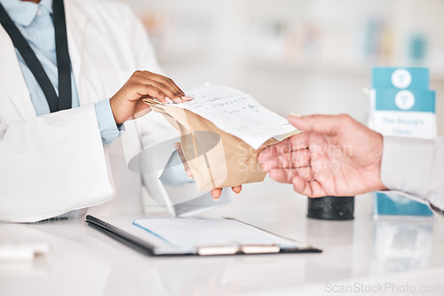 Image of Pharmacist hands, giving package and store for healthcare, medicine and sales with prescription drugs. Pharmaceutical expert, customer and paper bag for shopping, distribution and order for wellness