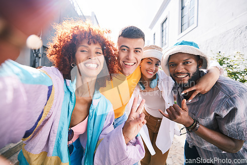 Image of Friends, selfie and city with peace sign, gen z and smile of university students for social media. Profile picture, portrait and diversity of young people on a urban street happy with trendy fashion
