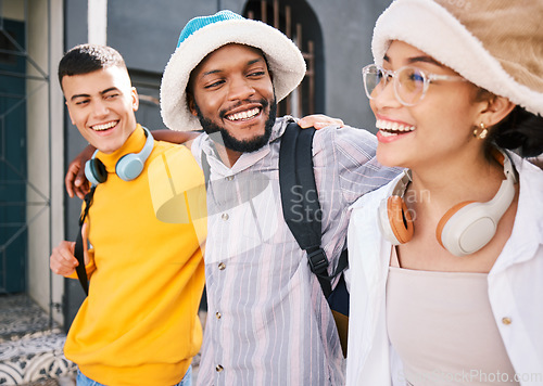 Image of Happy group of friends in city walking, talking and relax on holiday, adventure and weekend together on street. Travel, fashion and men and women in urban town for bonding, conversation and explore