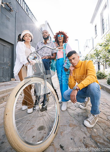 Image of Friends group, bicycle and portrait outdoor for travel, fashion style and fun with young people in city. Diversity, gen z and men and women with cool attitude on student adventure on urban street