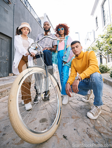 Image of Friends portrait, bicycle and group outdoor for travel, fashion style and fun with young people in city. Diversity, gen z and men and women with cool attitude and student adventure on urban street