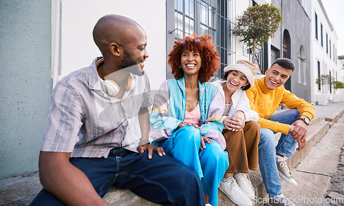 Image of Group of friends in city talking, relax and happy on holiday, adventure and weekend together on street. Travel, fashion and men and women in urban town for bonding, funny conversation and discussion