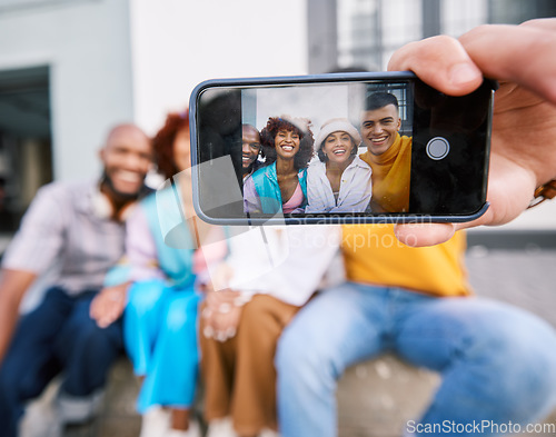 Image of Friends, phone screen and selfie of people outdoor for travel, happiness and fun in city. Diversity, social media and profile picture of student group or men and woman with freedom on urban street