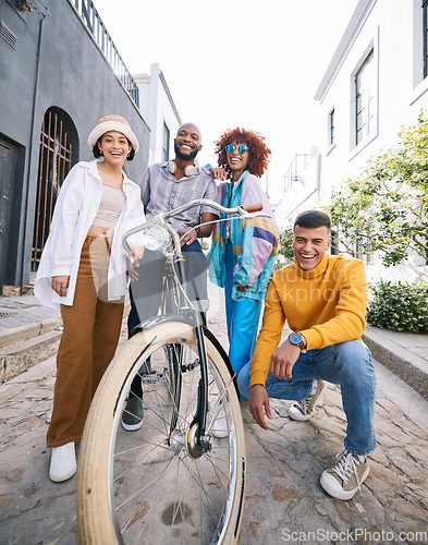 Image of Friends group, bicycle and happy outdoor for travel, fashion style and fun with youth in the city. Diversity, gen z and men and women portrait to relax, student adventure or freedom on urban street