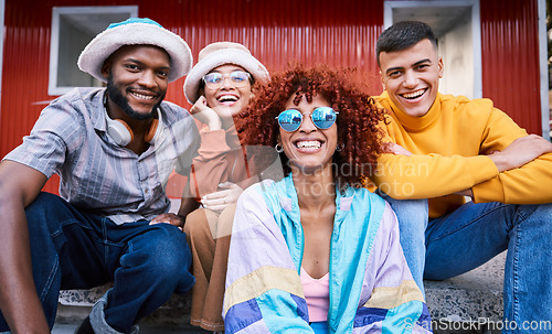 Image of Smile, city and portrait of friends outdoor for travel, fashion and happiness. Diversity, gen z and student group or men and woman laugh for funny holiday, sunglasses and freedom on urban street