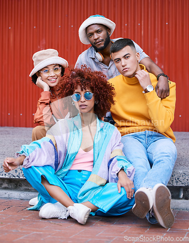 Image of Friends, fashion and gen z, people in portrait and diversity, relax on sidewalk and casual, cool and young. Students, urban streetwear style and friendship, trendy clothes and together outdoor