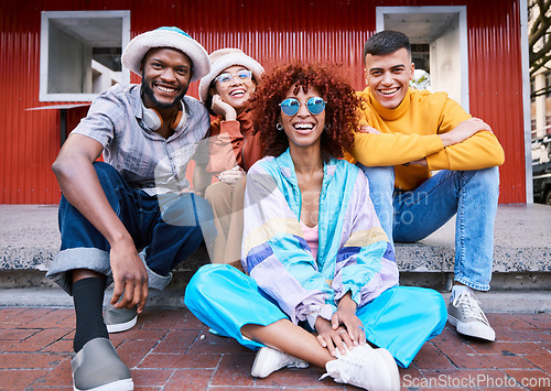 Image of Friends, city and portrait of happy people outdoor for travel, fashion and sunglasses. Diversity, gen z and student group or men and woman for funny laugh, relax and freedom on urban sidewalk