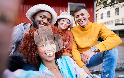 Image of Friends, selfie and urban city with happy, gen z and smile of university students for social media. Profile picture, portrait and diversity of young people on a street on vacation with trendy fashion
