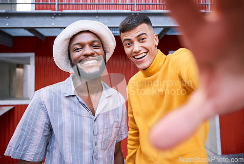 Image of Men, gen z friends or selfie portrait outdoor in urban city or street in summer with fashion or style. Diversity, influencer or people with happiness, smile or freedom on social media profile picture