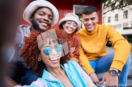 Image of Selfie, friends and happy in portrait, gen z and fashion with smile, casual and cool, social media post and memory. Young people in picture, content creation and streetwear, influencer and friendship