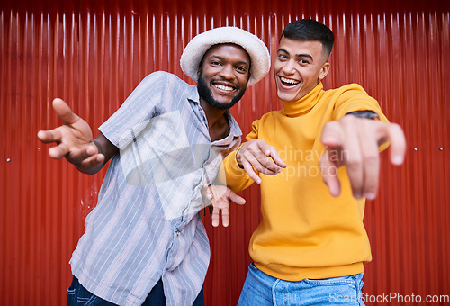 Image of Men, gen z or portrait of friends outdoor on red background in streetwear with fashion or style together. Diversity, students or excited people with happiness, smile or freedom on holiday vacation